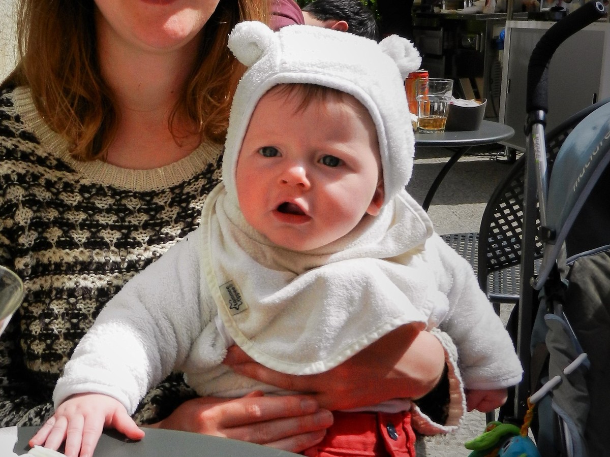Baby H in a cafe in San Marino