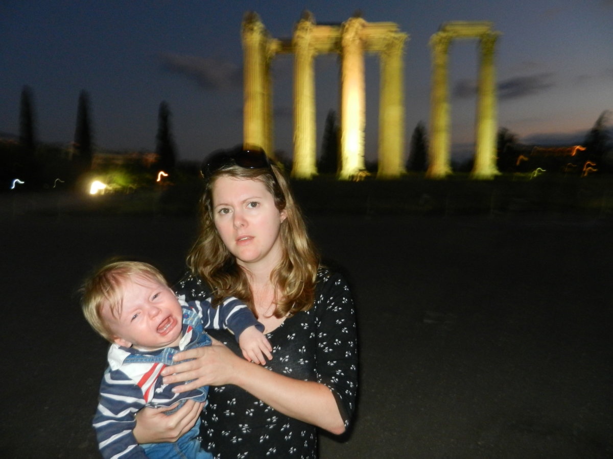Mother coping with a toddler tantrum in Athens