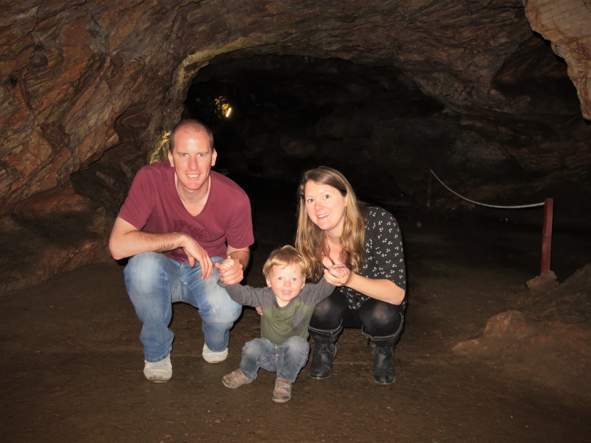 Toddler smiling with Dad and Mum at Gadime caves, Kosovo