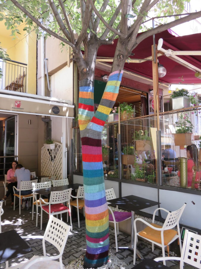 Knitted tree in Pristina cafe, Kosovo