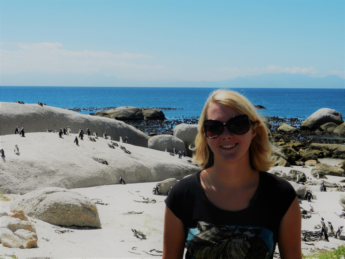 Solo female traveller with Penguins near Cape Town, South Africa