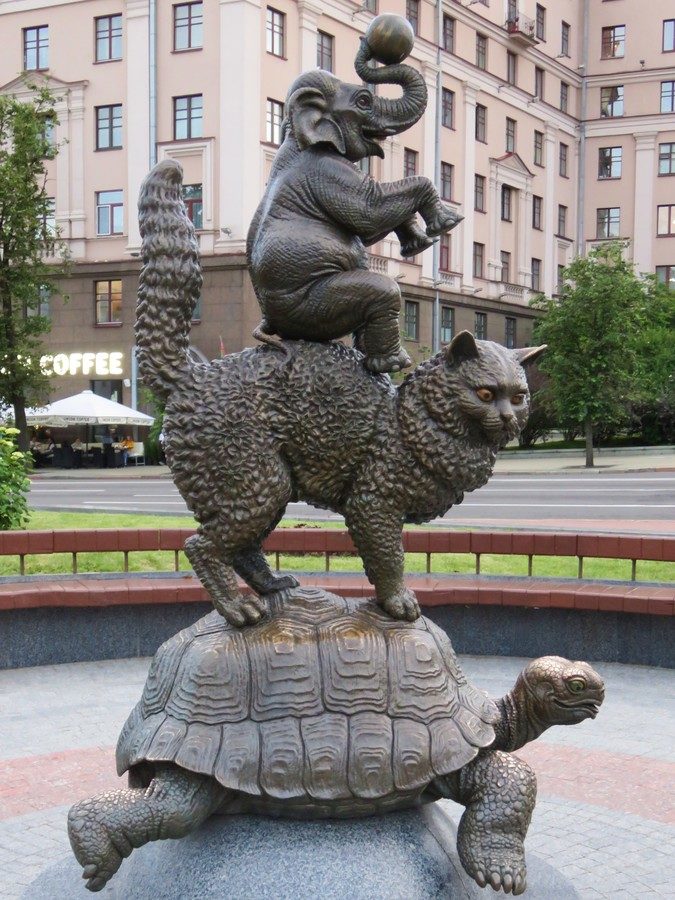 Statue of an elephant on a cat on a tortoise