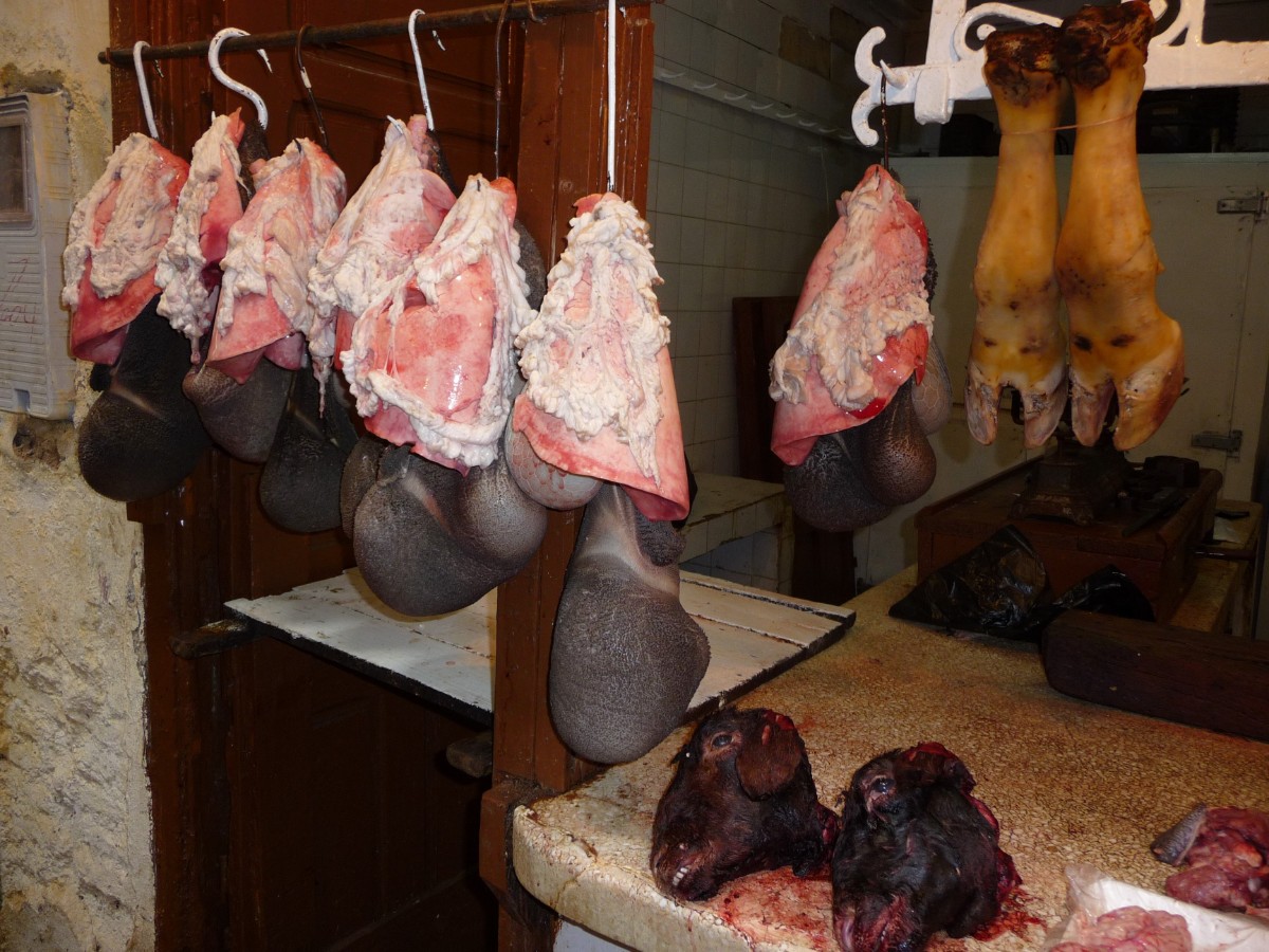 Cow parts in market stall in Fez, Morocco