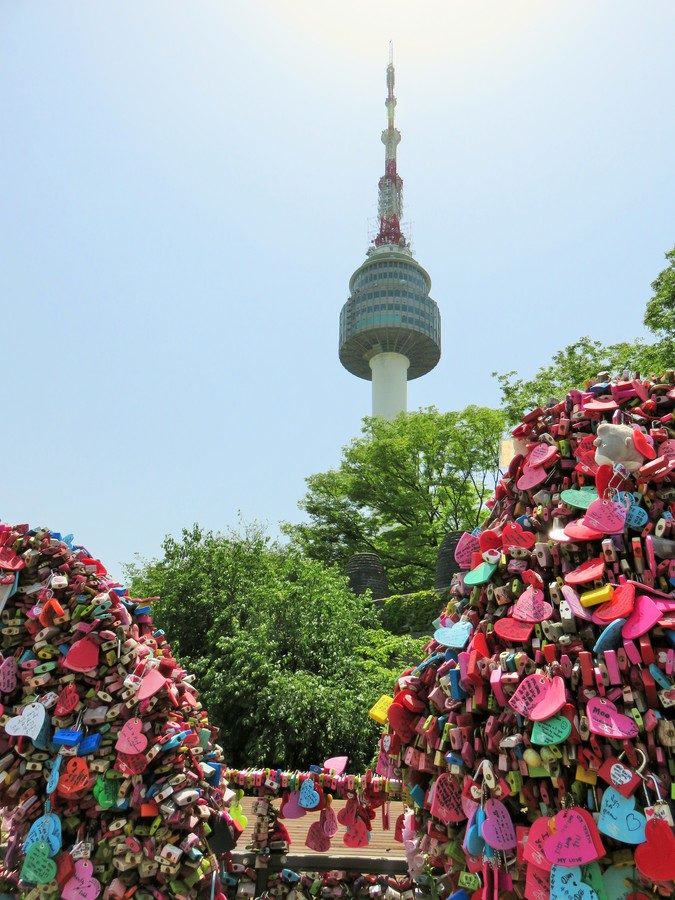 Lovers locks and Namsan Tower in Seoul, Korea