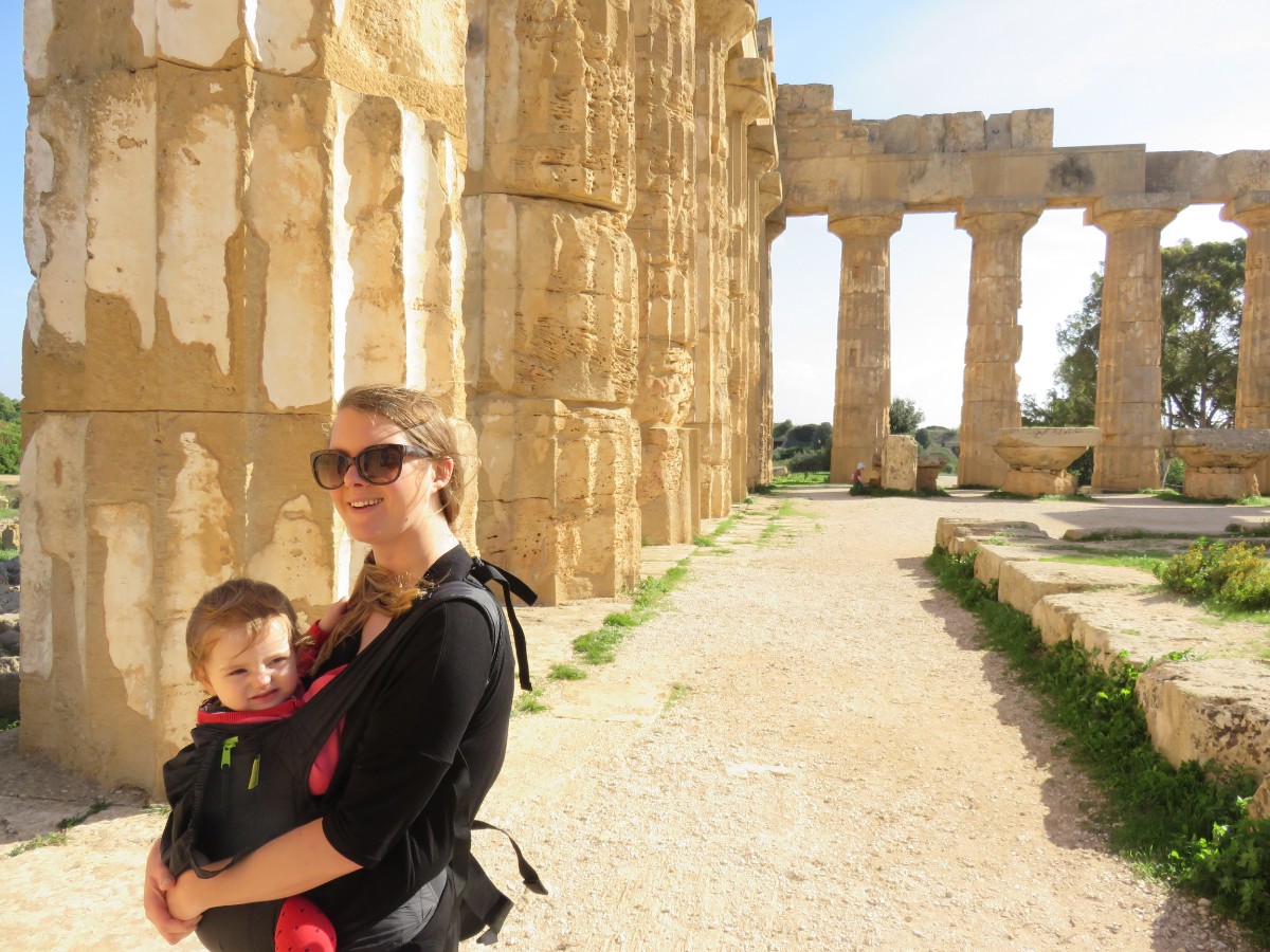 ancient ruins in sicily with toddler