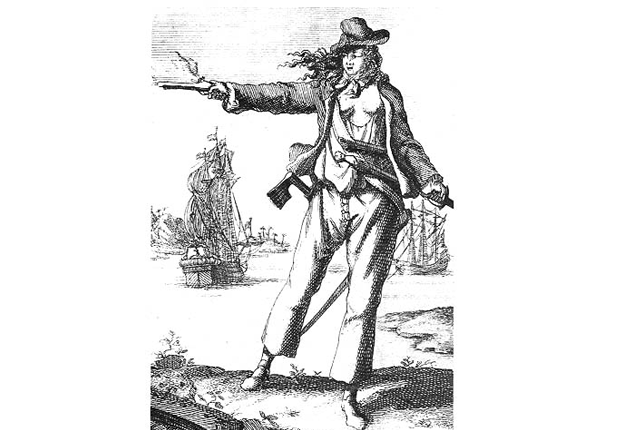 picture of the female pirate Anne Bonney shooting a gun