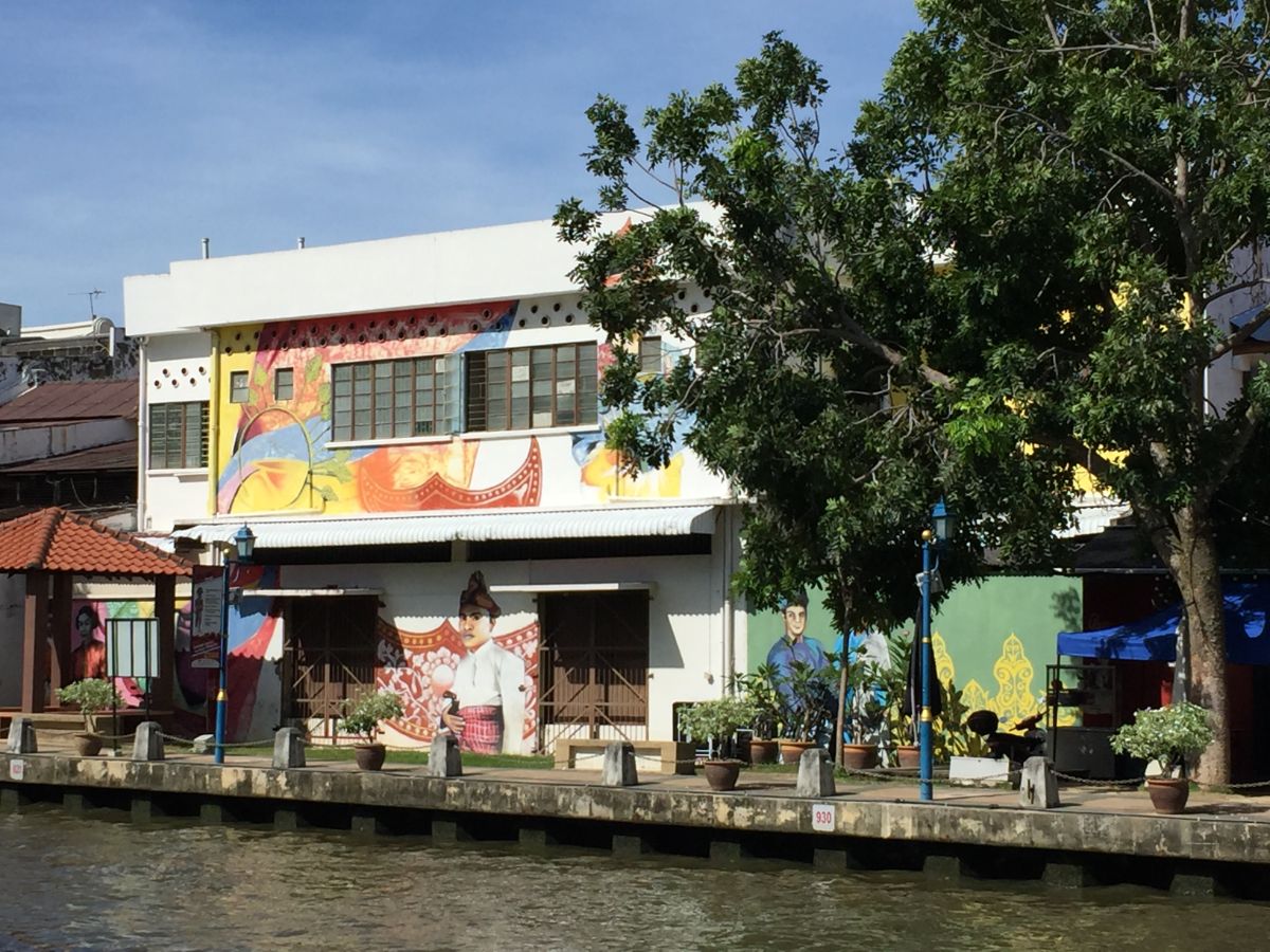 painted riverside buildings in Malaka, Malaysia