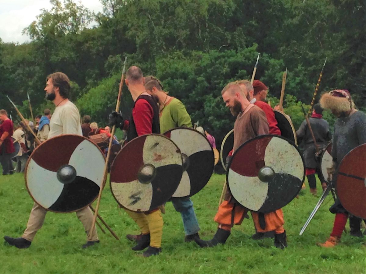 Vikings dressed for battle at Moesgard annual Viking Festival in Denmark