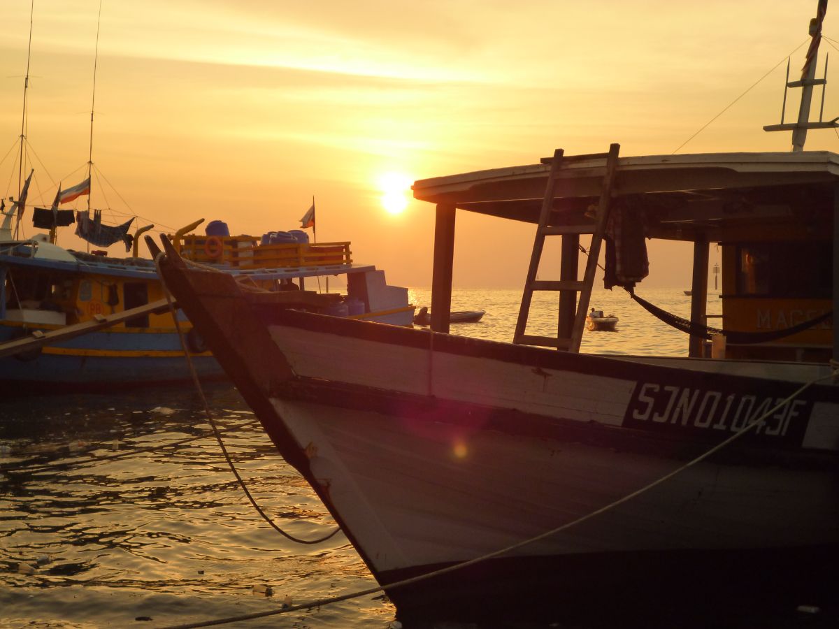 Fishing boats in the harbour in Kota Kinabalu at sunset